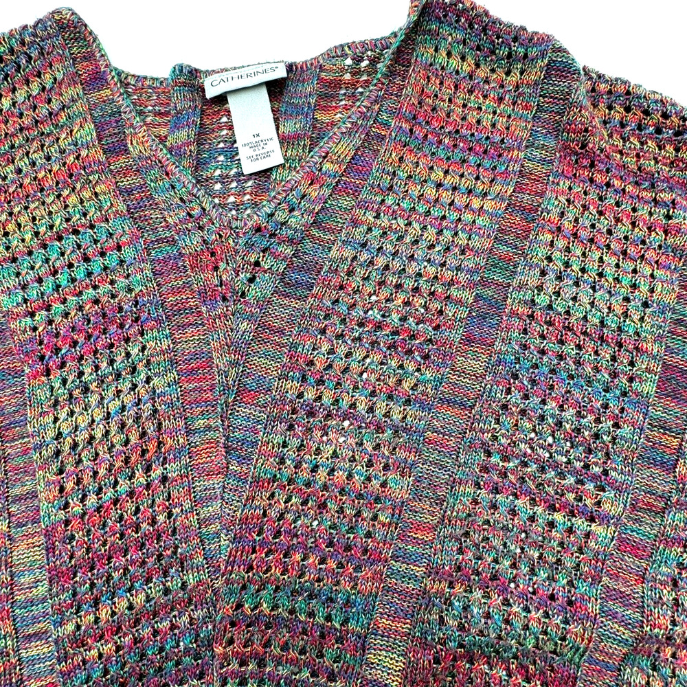 CATHERINES | Women's 1X Short Sleeve Open Loose Knit Sweater Poncho Rainbow